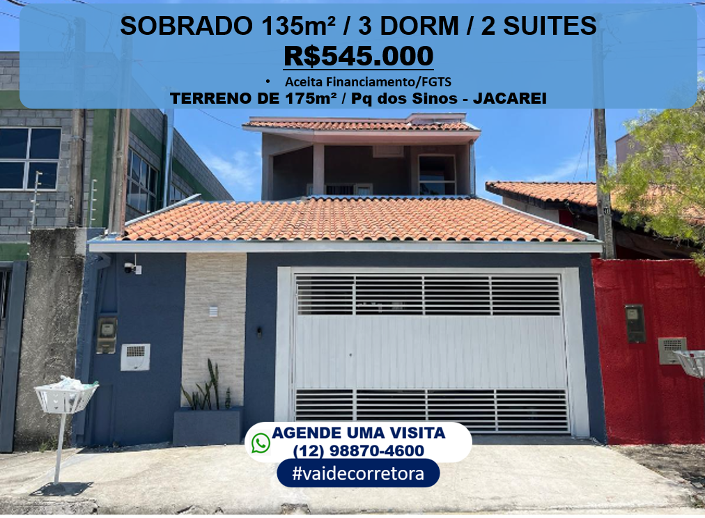 Sobrado com 3 Quartos à Venda, 135 m²em Residencial Parque dos Sinos - Jacareí