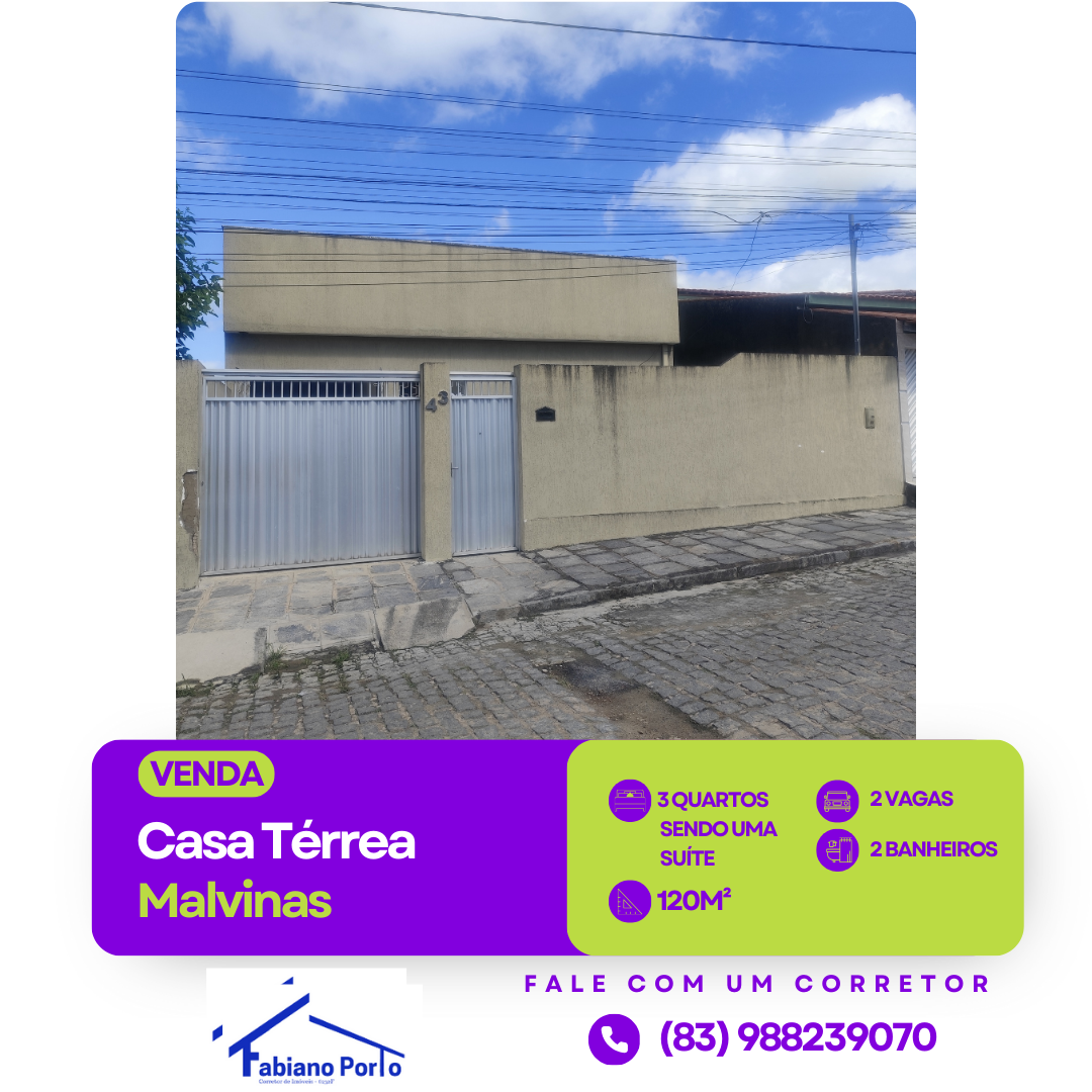 Imagem Casa com 3 Quartos à Venda, 120 m²em Malvinas - Campina Grande