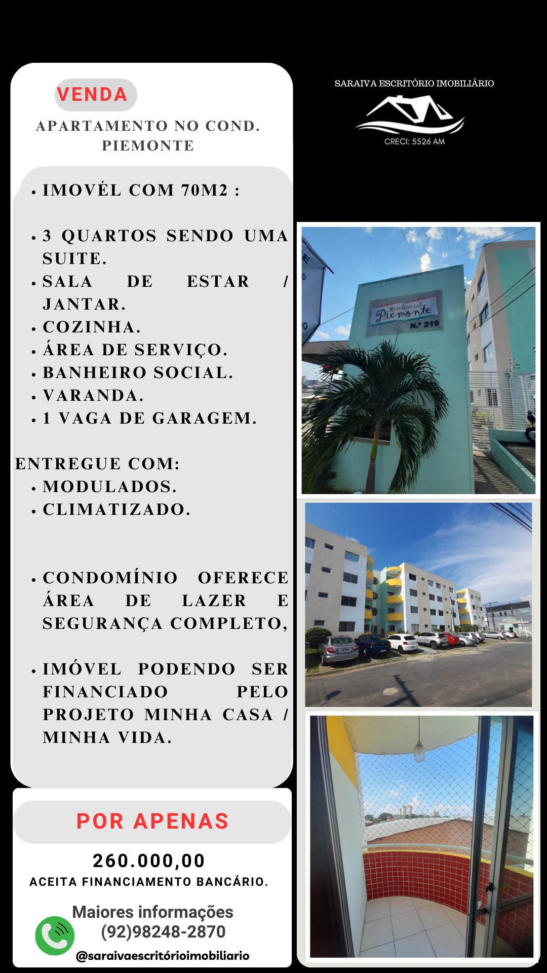 Apartamento com 3 Quartos à Venda, 70 m²em São Francisco - Manaus
