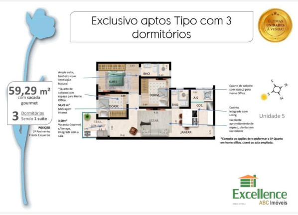 Apartamento com 3 Quartos à Venda, 60 m² em Vila Curuçá - Santo André