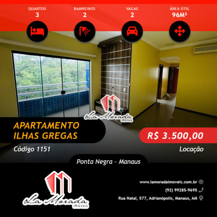 Apartamento com 3 Quartos para Alugar, 96 m² em Ponta Negra - Manaus