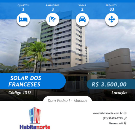 Apartamento com 3 Quartos para Alugar, 83 m² em Dom Pedro I - Manaus