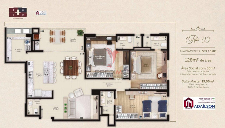 Imagem Apartamento com 3 Quartos à Venda, 128 m² em Kobrasol - São José