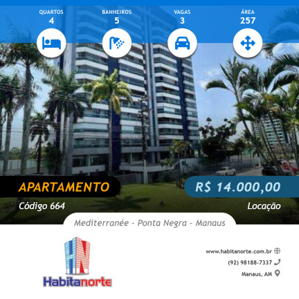 Apartamento com 4 Quartos para Alugar, 257 m² em Ponta Negra - Manaus