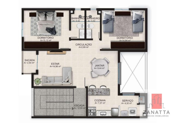 Apartamento com 2 Quartos à Venda, 96 m² em Olímpica - Esteio