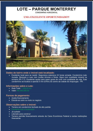 Imagem Terreno à Venda, 1.256 m² em Parque Monterrey - Arapongas Imagem Terreno à Venda, 1.256 m² em Parque Monterrey - Arapongas