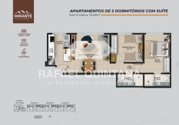 Apartamento com 2 Quartos à Venda, 59 m² em Coqueiros - Florianópolis