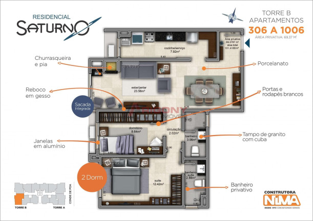 Apartamento com 2 Quartos à Venda, 69 m² em Nossa Senhora Do Rosário - Santa Maria