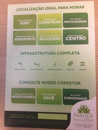 Terreno à Venda, 125 m² em Parque Residencial Castelo - Bauru