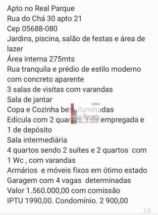 Imagem Apartamento com 4 Quartos à Venda, 275 m² em Real Parque - São Paulo