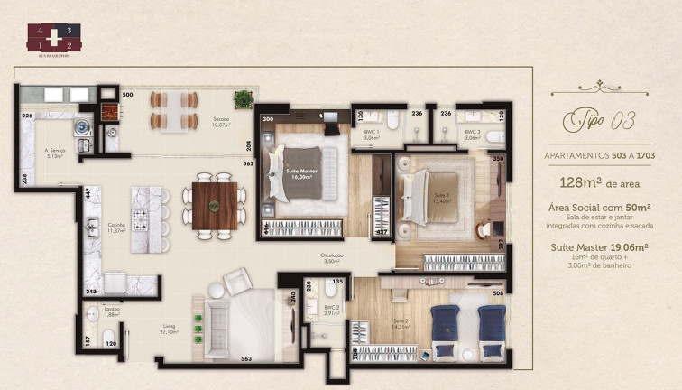 Imagem Apartamento com 3 Quartos à Venda, 128 m² em Kobrasol - São José Imagem Apartamento com 3 Quartos à Venda, 128 m² em Kobrasol - São José