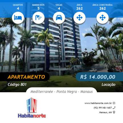 Apartamento com 4 Quartos para Alugar, 262 m² em Ponta Negra - Manaus