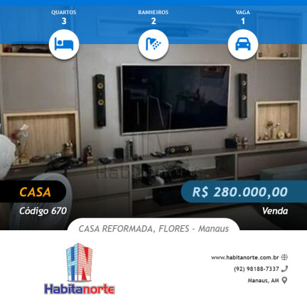Casa com 3 Quartos à Venda,  em Flores - Manaus