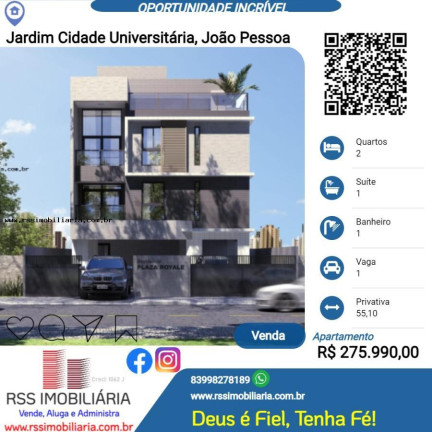 Apartamento com 2 Quartos à Venda, 55 m² em Jardim Cidade Universitária - João Pessoa