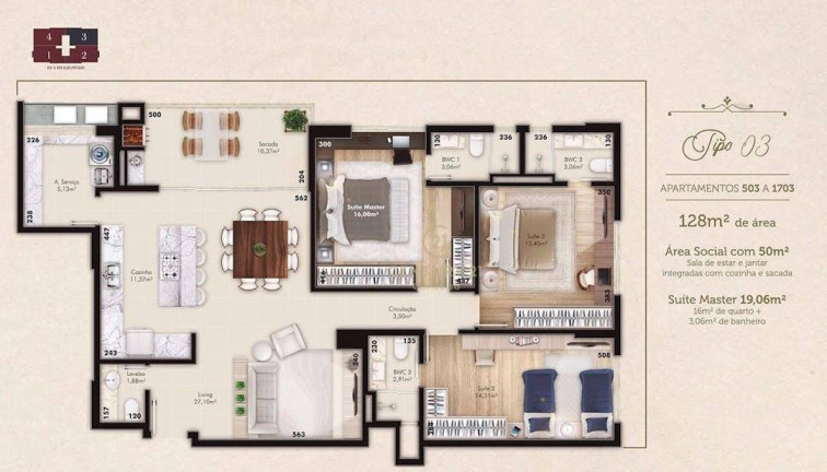 Apartamento com 3 Quartos à Venda, 128 m² em Kobrasol - São José